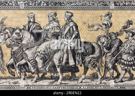 Procession des Princes, détail, figure de Frédéric le doux, 15th siècle, fresque sur les carreaux de la manufacture de porcelaine Meissen, résidence de Dresde Banque D'Images