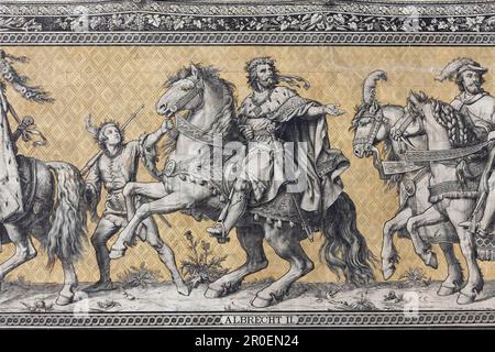 Procession des Princes, détail, figure d'Albrecht II, 13th siècle, fresque murale sur carreaux de la manufacture de porcelaine Meissen, Palais de la Résidence de Dresde Banque D'Images
