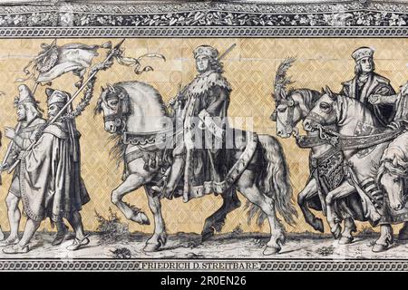 Procession des Princes, détail, figure de Frédéric le quarelsome, 15th siècle, fresque murale sur carreaux de la manufacture de porcelaine Meissen, Dresde Banque D'Images