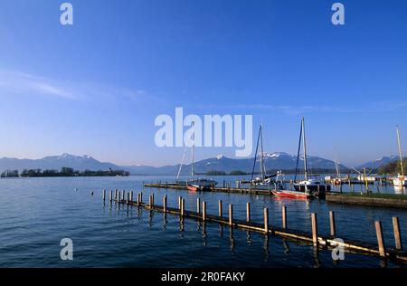 Étape d'atterrissage et bateaux à Gstadt au lac Chiemsee avec Fraueninsel, Hochgern et Kampenwand en arrière-plan, Chiemgau, haute-Bavière, Bavière, germe Banque D'Images