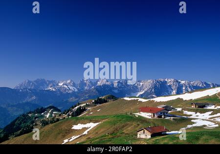 Wandberg alp avec vue sur Wilder Kaiser et Zahmer Kaiser, alpes de Chiemgau, Tyrol, Autriche Banque D'Images