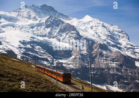 Train de montagne, Jungfraubahn en quittant la gare de Kleine Scheidegg à 2061 m, sur le chemin de Jungfraujoch, la plus haute gare d'Europe, Jungfrau dans le Banque D'Images