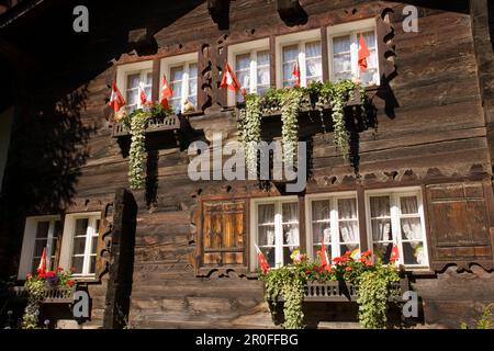 Maison en bois décorée de jardinières et de drapeaux suisses, village de Zermatt, Zermatt, Valais, Suisse Banque D'Images