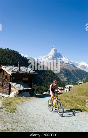 Motard de montagne femelle quittant le village de montagne Findeln, Matterhorn, 4478 m, en arrière-plan, Zermatt, Valais, Suisse Banque D'Images