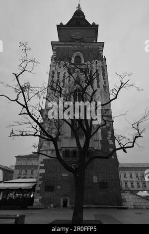 Image en noir et blanc de la tour de l'hôtel de ville, place du marché, Cracovie, Pologne, Europe. Banque D'Images