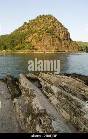 Vue sur le Rhin jusqu'au rocher de Loreley, près de St. Goarhausen, Rhénanie-Palatinat, Allemagne Banque D'Images