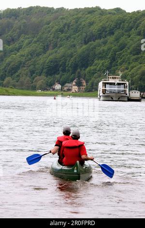 Deux personnes kayak sur l'Elbe entre Rathen et Dresde, Saxe, Allemagne Banque D'Images