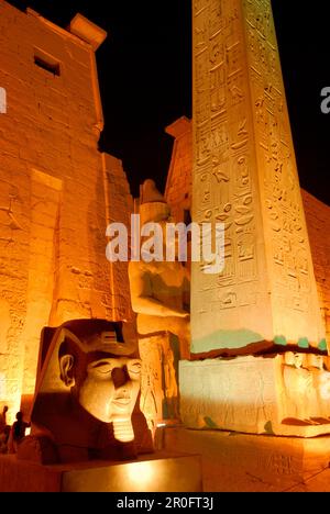 Tête d'une statue de Ramsès et obélisque en avant du premier pylône du temple de Louxor, éclairé au crépuscule, l'Égypte, l'Afrique Banque D'Images