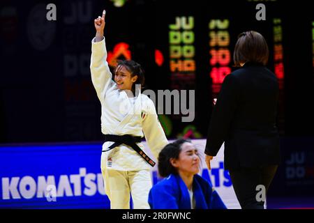 Doha, Qatar, 7 mai 2023. Assunta Scutto, de l'Italie, célèbre la victoire dans -48kg la médaille de bronze des femmes lors des Championnats du monde de judo 2023 - jour 1 à Doha, Qatar. 7 mai 2023. Crédit : Nikola Krstic/Alay Banque D'Images