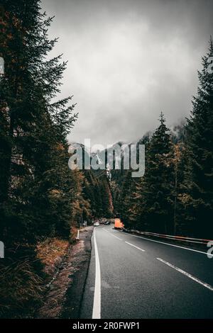 Une photo verticale d'une route de montagne sinueuse qui serpente à travers les collines verdoyantes de Roumanie Banque D'Images