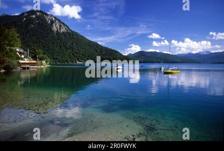 Vue sur le lac Walchensee à mountaint Herzogstand en arrière-plan, haute-Bavière, Bavière, Allemagne, Bavière, Allemagne Banque D'Images