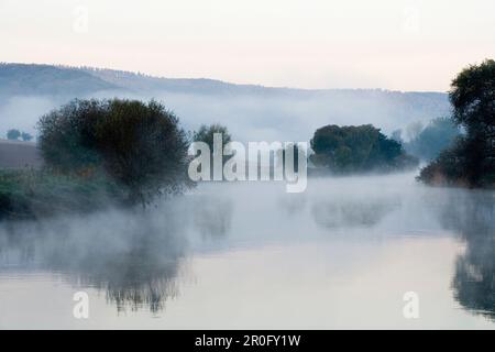 Brouillard sur la rivière Weser près de Hedemunden, Basse-Saxe, Allemagne Banque D'Images