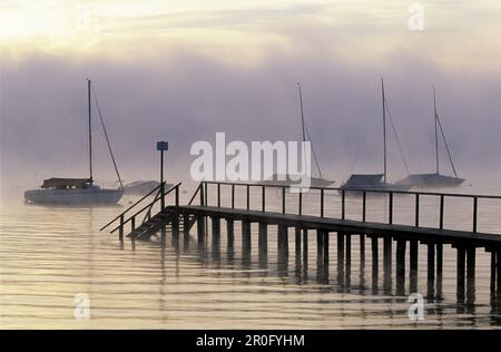 Bateaux à voile dans le brouillard sur le lac Ammersee, près de Riederau, Diessen am Ammersee, Bavière, Allemagne Banque D'Images