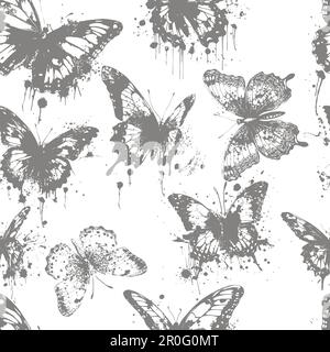 Motif céleste élégant sans coutures avec herbes. Arrière-plan magique de boho avec éléments d'espace gris étoiles, papillons. Texture de l'effet de caniche. Illustration de Vecteur