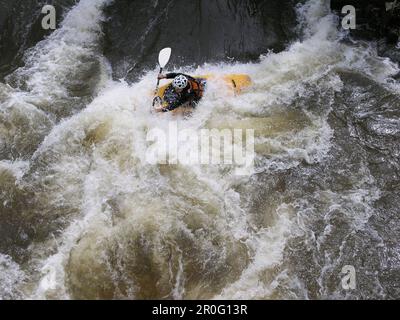 Faites du kayak sur la rivière Regnitz, Bamberg, Franconie, Bavière, Allemagne Banque D'Images