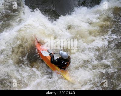 Faites du kayak dans l'eau blanche de la rivière Regnitz, Franconie, Bavière, Allemagne Banque D'Images