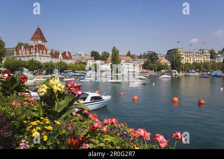 Vue sur le lac Léman au château d'Ouchy, Lausanne, Canton de Vaud, Suisse Banque D'Images