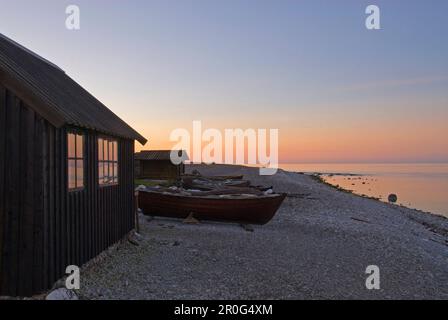 Cabane en bois sur la plage, Faro, côte nord, Gotland, Suède, Scandinavie, Europe Banque D'Images