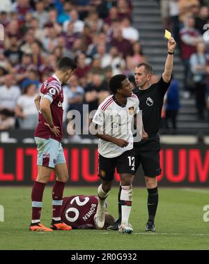 Londres, Royaume-Uni. 07th mai 2023. Tyrell Malacia de Manchester Utd est réservé. Match de la Premier League, West Ham Utd / Manchester Utd au stade de Londres, Parc olympique Queen Elizabeth à Londres, le dimanche 7th mai 2023 . Cette image ne peut être utilisée qu'à des fins éditoriales. Usage éditorial seulement photo par Sandra Mailer/Andrew Orchard sports photographie/Alay Live News crédit: Andrew Orchard sports photographie/Alay Live News Banque D'Images