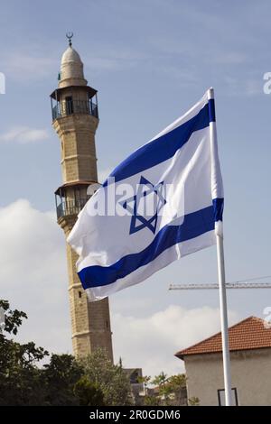 Drapeau israélien et minaret, Jaffa, Tel Aviv, Israël, Moyen Orient Banque D'Images