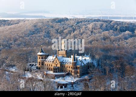 Photo aérienne du château de Marienburg en hiver, Schulenburg, Pattensen, Basse-Saxe, Allemagne Banque D'Images