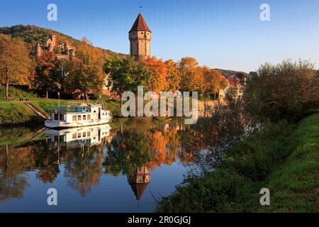 Vue sur la rivière à Spitzer Turm et le château de Wertheim, Wertheim, Bade-Wurtemberg, Allemagne Banque D'Images