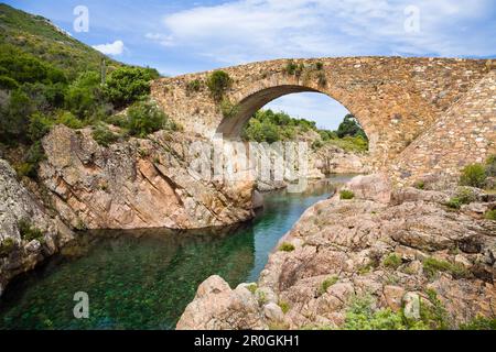 Pont de pierre sur la rivière Fango, vallée de Fango, Corse, France, Europe Banque D'Images