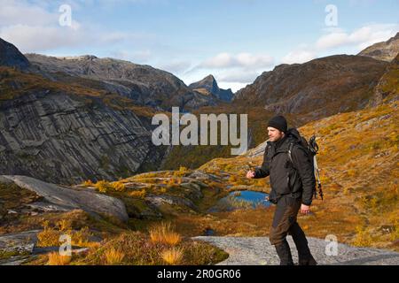 Homme randonnée, paysage sur les Lofoten à A, automne, Moskenesoy, Nordland, Norvège, Scandinavie, Europe Banque D'Images