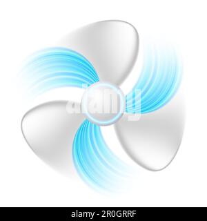 Ventilateur avec courants d'air bleus isolés sur fond blanc. Ventilateur de réfrigération, climatisation, commande de la température. Illustration de la ventilation d'air. Banque D'Images