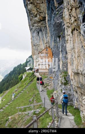 Les randonneurs de montagne près de mountain inn Aescher, Edelweiss, massif de l'Alpstein, Appenzell Rhodes-Intérieures, Suisse Banque D'Images