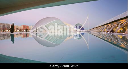 Cinéma IMAX l'Hemisferic et Museo de las Ciencias principe Felipe dans la lumière du soir, Ciudad de las Artes y de las Ciencias, Valence, Espagne, Europ Banque D'Images