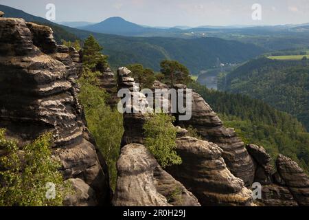 Vue de Schrammsteine Rocks sur le Großer Winterberg et l'Elbe, parc national Saxon Suisse, Elbe grès montagnes, Saxe, Allemagne, Europ Banque D'Images