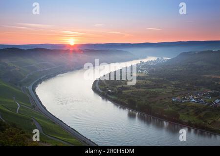 Lever de soleil sur le Rhin, près de Boppard, Rhin, Rhénanie-Palatinat, Allemagne Banque D'Images