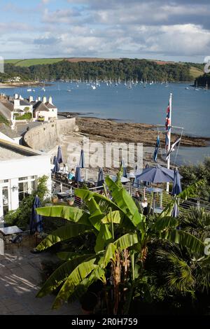 Vue de la chambre d'hôtel sur un lit de bananiers vers le port de St. Mawes, St. Mawes, Cornwall, Grande-Bretagne Banque D'Images