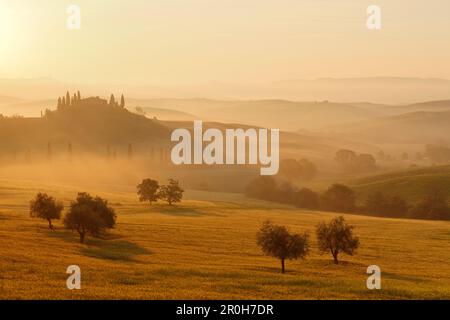 Paysage toscan typique avec des collines, maison de campagne et cyprès de San Quirico d’Orcia, Val d’Orcia, vallée d’Orcia, site classé au patrimoine mondial de l’UNESCO, Pr Banque D'Images