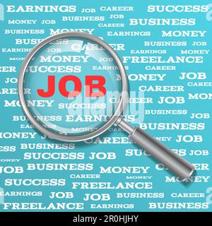 Concept de recherche d'emploi. Job de mot avec loupe. Loupe avec texte de travail rouge sur fond bleu avec des mots liés au travail. Banque D'Images