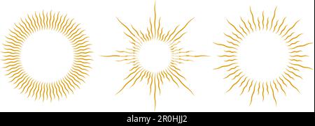 Ensemble de cadres Golden Sunburst. Collection rétro or rayons de soleil élément. Rayons radiaux vintage, rayons de soleil, feu d'artifice ou explosion pour emblème, logo, étiquette, timbre, bannière, autocollant. Éléments de conception vectoriels Illustration de Vecteur