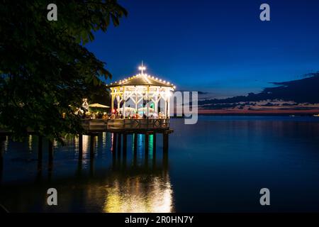 Pavillon avec bar sur la rive du lac de Constance dans la nuit, Bregenz, Vorarlberg, Autriche Banque D'Images