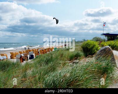 Les gens qui volent des cerfs-volants sur la plage, station balnéaire de la mer Baltique de Heiligendamm, Mecklenburg-Poméranie occidentale, Allemagne Banque D'Images