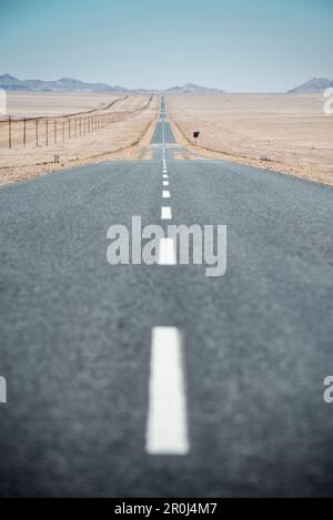 Route tarmac et rangée infinie de pylônes d'électricité dans le désert près de Luderitz, Namibie, Afrique Banque D'Images