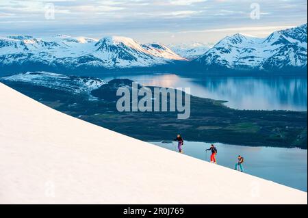 Les skieurs en ordre croissant des Alpes de Lyngen, soleil de minuit, Troms, Norvège Banque D'Images