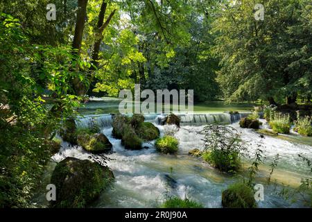 Chute d'Eisbach dans le jardin anglais, Munich, Haute-Bavière, Bavière, Allemagne Banque D'Images