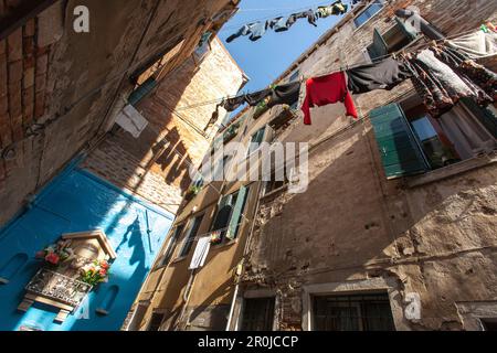 typique, ligne de lavage accroché à l'extérieur de l'étroit, ruelle, callo, sanctuaire, vue de dessous, Castello, Venise, Italie Banque D'Images