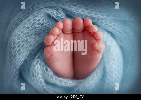 Pied de bébé sur une couverture souple bleue, couverture. Détail des jambes d'un nouveau-né. Banque D'Images