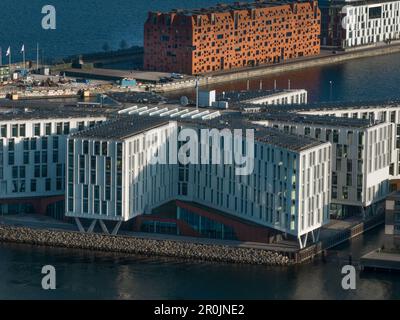 Bâtiment moderne de design scandinave dans le quartier Nordhavn à Copenhague avec vue aérienne Banque D'Images