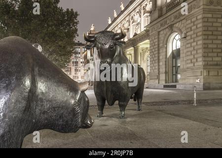 Allemagne, Francfort, taureau et ours devant la bourse, , crépuscule Banque D'Images