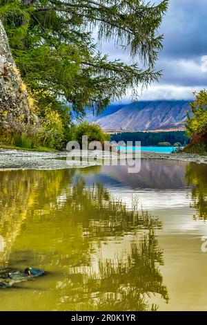 Après une forte pluie il y a de grandes flaques de pluie reflétant le paysage avec le lac bleu Tekapo en arrière-plan Banque D'Images