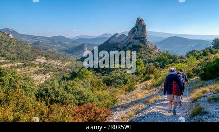 Provence, France - 11 octobre 2016. Un petit groupe de femmes âgées actives font une randonnée le long d'un sentier entre les Dentelles de Montmirail en Provence. Banque D'Images