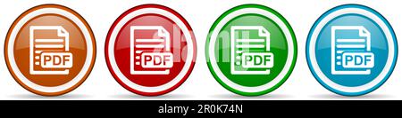 Fichier PDF, icônes de document brillant, ensemble de boutons de conception moderne pour les applications Web, Internet et mobiles dans quatre options de couleurs isolées sur fond blanc Banque D'Images