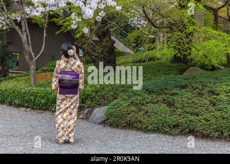 Jeune japonaise en kimono prenant des photos de cerisiers en fleurs à Happo-en, Minato-ku, Tokyo, Japon Banque D'Images